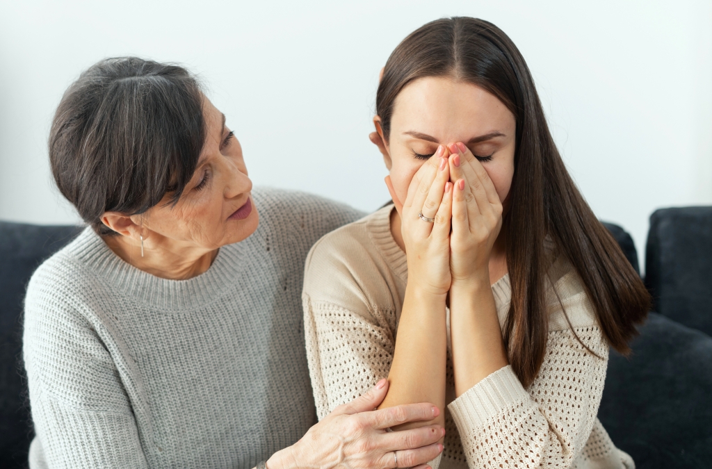 mom comforting daughter