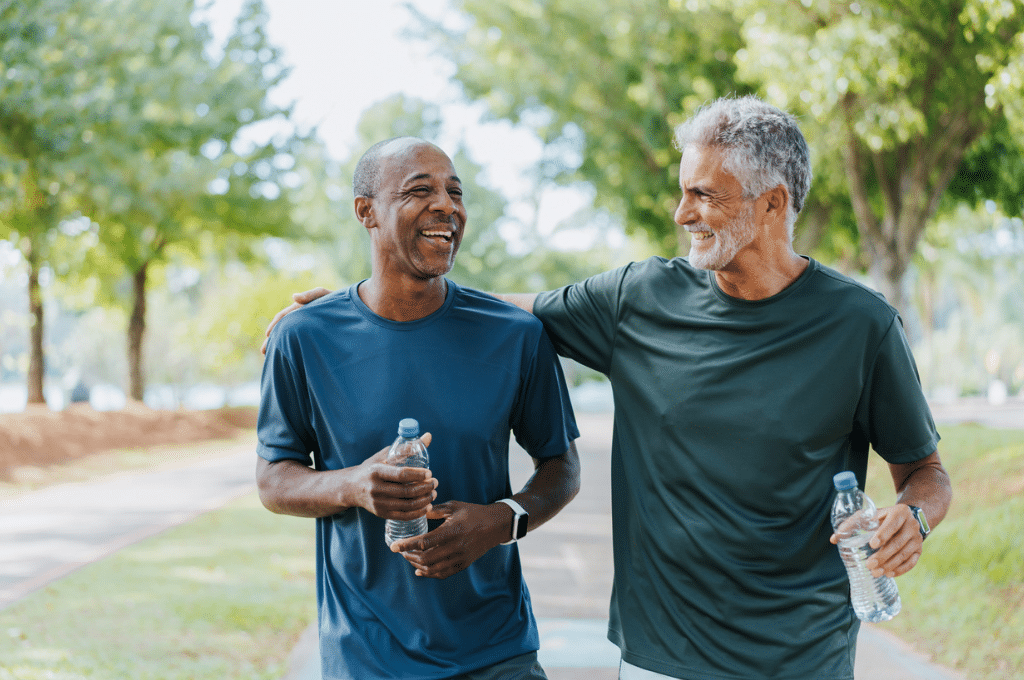 Two men walking outside