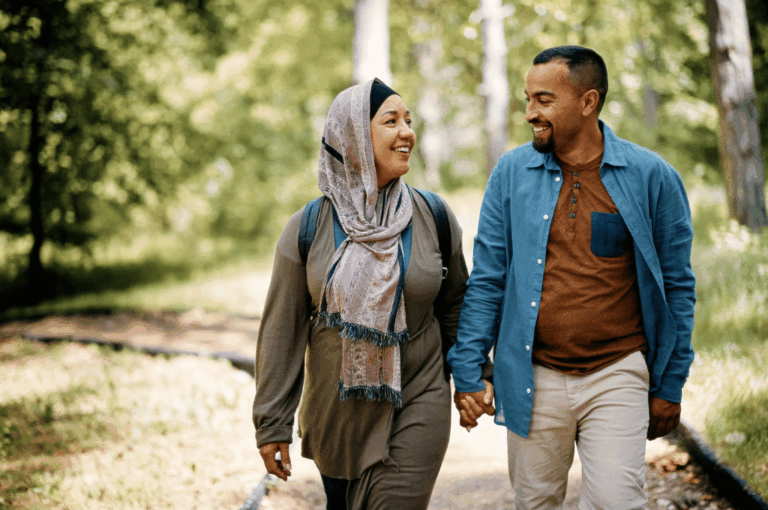 Couple walking together outside