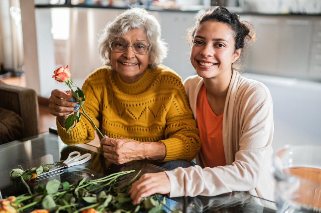 Young woman helping grandmother