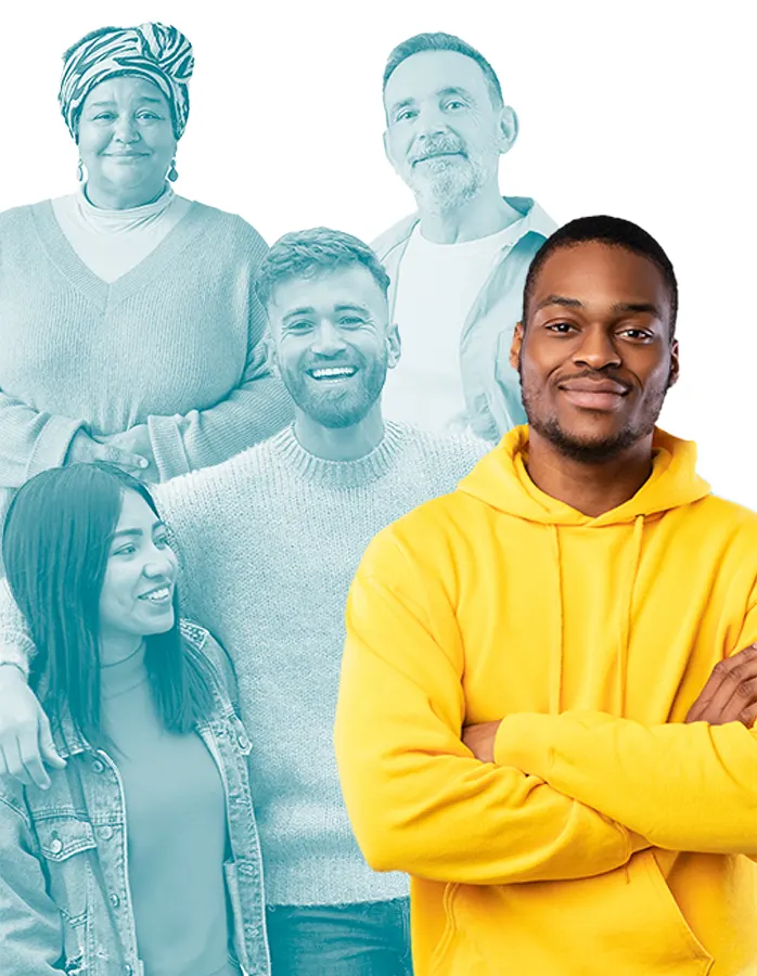 Photo of a group of people and a man in a yellow sweatshirt